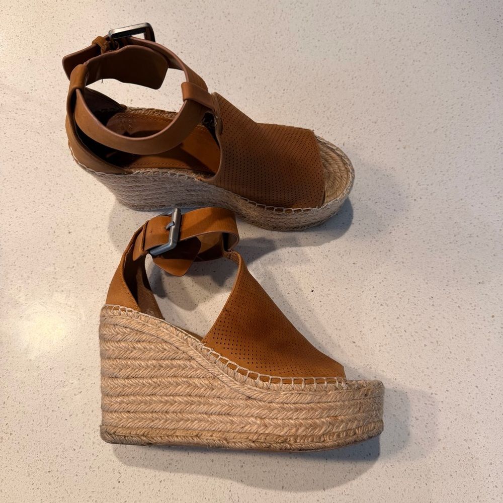 Marc Fisher Mlannie Tan Leather Espadrille Wedge Ankle Strap Sandal Size 5.5 - Picture 5 of 9